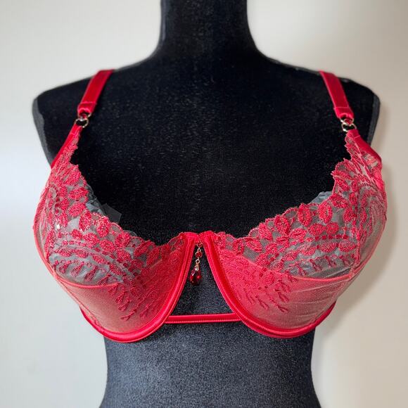 Honey Birdette 36H Red Embroidered Mesh Balcony Bra Cage Detail Missing Chain - Picture 2 of 16